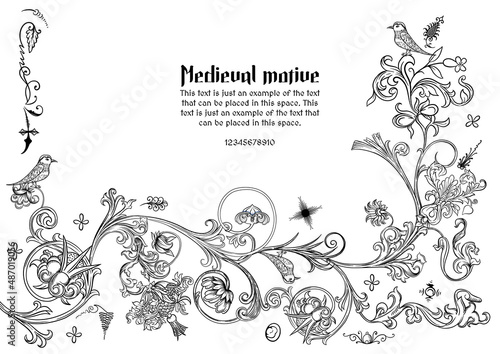 Floral vintage Medieval illuminati manuscript inspiration. Romanesque style. Template for greeting card, banner, gift voucher, label. Outline vector illustration.
