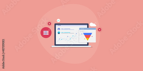 Sales software analysing information and data, displays marketing, business, financial report on laptop screen, saas technology concept. Flat design web banner template.