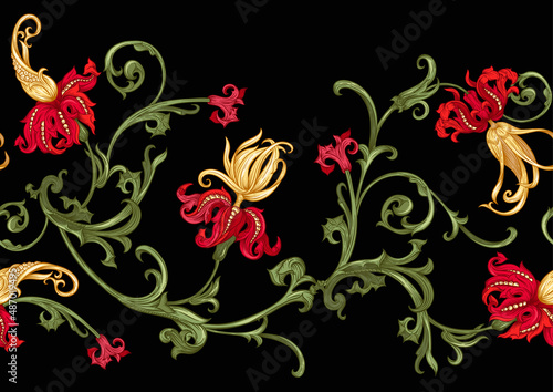 Classical luxury old fashioned royal baroque, historical ornament with lilies, victorian floral Seamless pattern, background. Vector illustration.