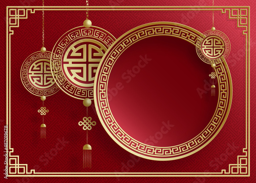 Chinese oriental wedding invitation card template with oriental 