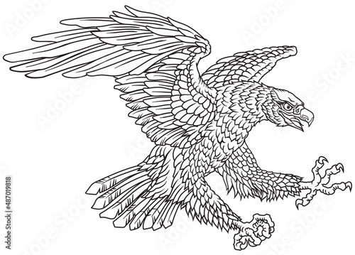 stylized eagle. Landing attacking prey bird. Outline graphic style vector illustration. Black and white tattoo