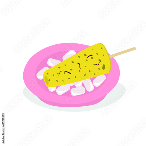 Kulfi frozen dairy indian dessert on the plate with ice cubes. 