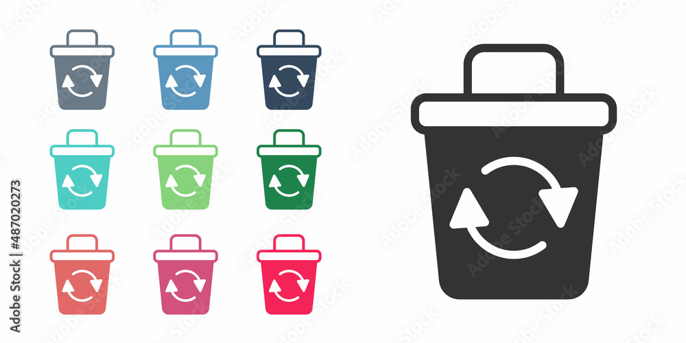 Black Recycle bin with recycle symbol icon isolated on white background. Trash can icon. Garbage bin sign. Recycle basket sign. Set icons colorful. Vector Black Recycle bin with recycle symbol icon isolated on white background. Trash can icon. Garbage bin sign. Recycle basket sign. Set icons colorful. Vector