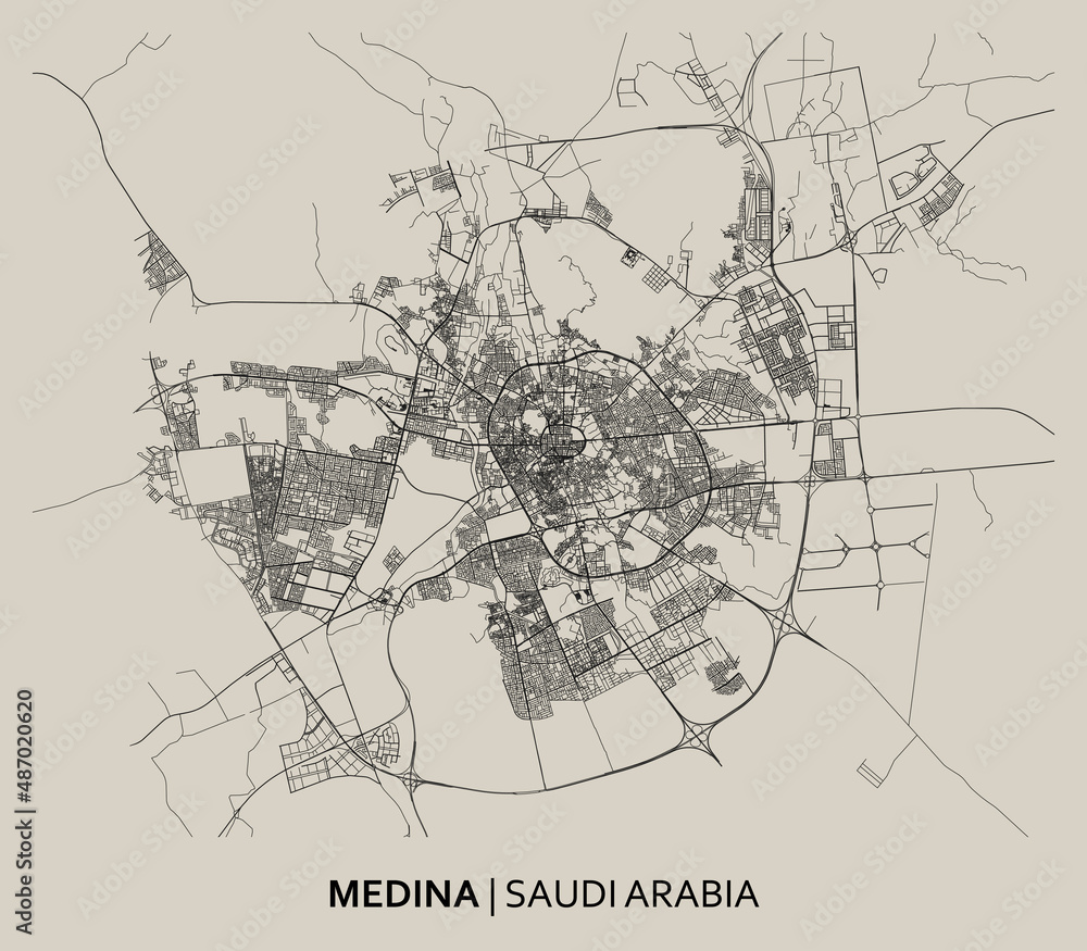 Medina (Saudi Arabia) street map outline for poster. High printable detail travel map vector.