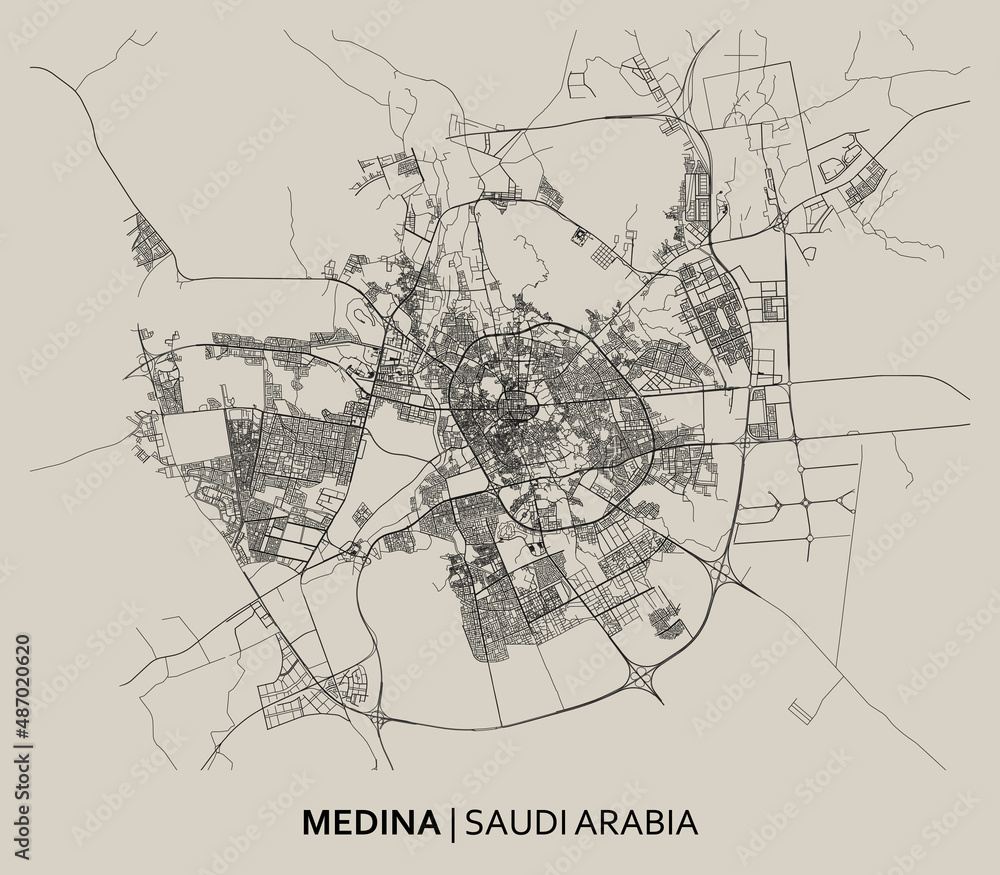 Medina (Saudi Arabia) street map outline for poster. High printable detail travel map vector. Medina (Saudi Arabia) street map outline for poster. High printable detail travel map vector.