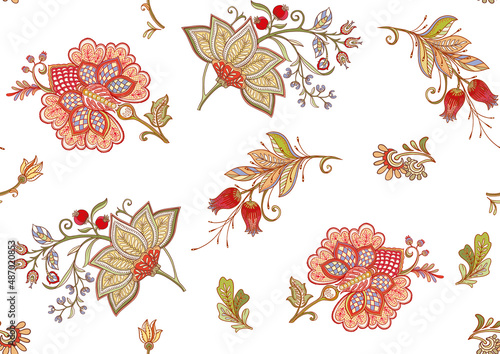 Seamless pattern with stylized ornamental flowers in retro, vintage style. Jacobin embroidery. Colored vector illustration on white background.