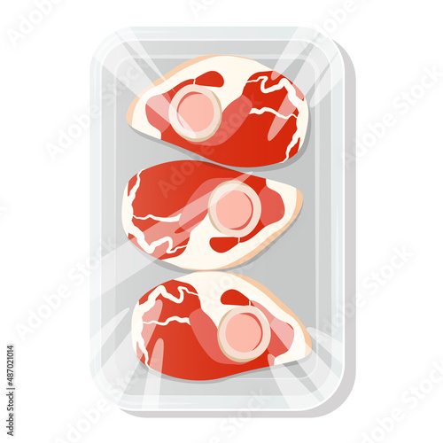 Steak on the bone. A piece of meat in a vacuum pack. Pork and beef in a plastic tray. Vector illustration.