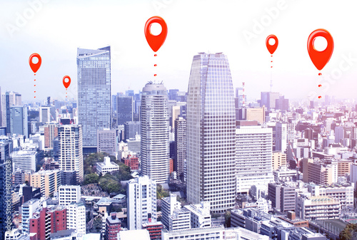 Network connection concept. Aerial view on Tokyo with location pin