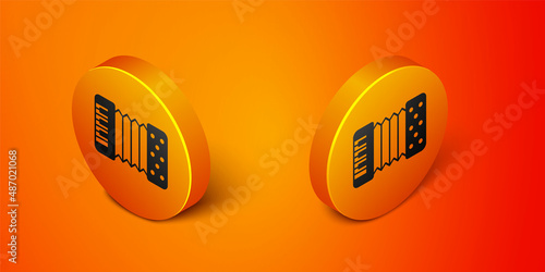 Isometric Musical instrument accordion icon isolated on orange background. Classical bayan, harmonic. Orange circle button. Vector