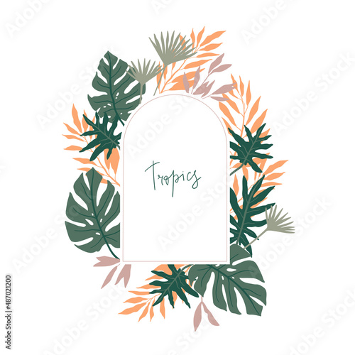 Tropical frame. Ready vector illustration in pastel colors with jungle leaves.