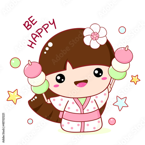 Cute little girl in kimono. Inscription Be happy. Banner with affirmation for kids playroom. Motivational quote for greeting card, invitation, poster, nursery, t-shirt. Vector illustration EPS8