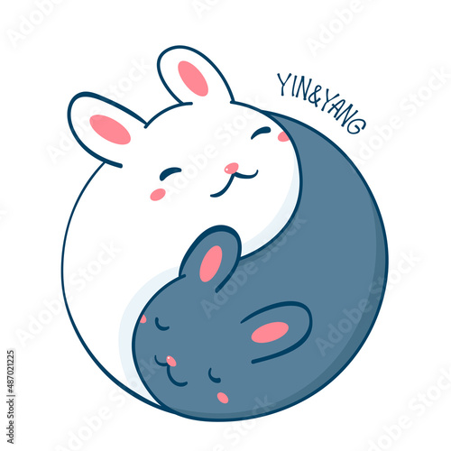 Yin yang bunny. Two cute black and white rabbits in the shape of yin yang. Can be used for t-shirt print, stickers, greeting card design. Vector illustration EPS8