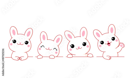 Set of cute little bunny. Borders with kawaii white bunnies. Collection of rabbits with different emotion - funny, happy, surprised. Can be used for t-shirt print, stickers. Vector illustration EPS8