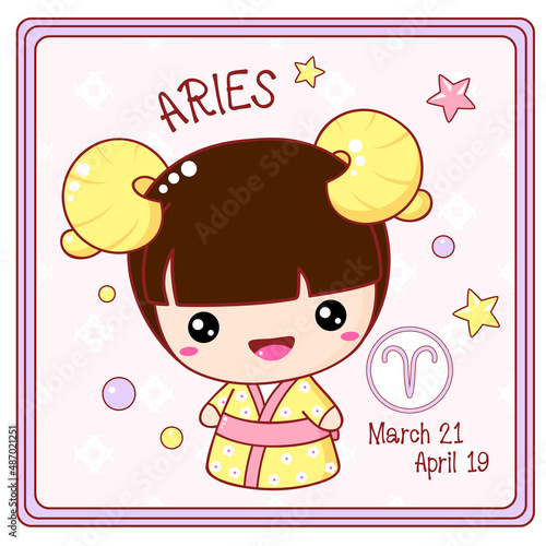 Zodiac Aries sign character in kawaii style. Cute chibi little girl in kimono. Square card with Zodiac symbol, date of birth and cartoon baby girl. Vector illustration EPS8