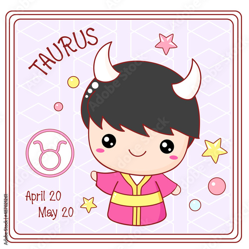 Zodiac Taurus sign character in kawaii style. Cute chibi little girl in kimono. Square card with Zodiac symbol, date of birth and cartoon baby girl. Vector illustration EPS8