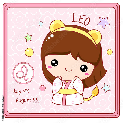 Zodiac Leo sign character in kawaii style. Cute chibi little girl in kimono. Square card with Zodiac symbol, date of birth and cartoon baby girl. Vector illustration EPS8