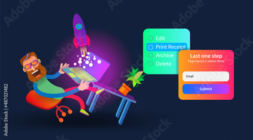 The rocket's start-up crashes out of the cartoon character's laptop on the table