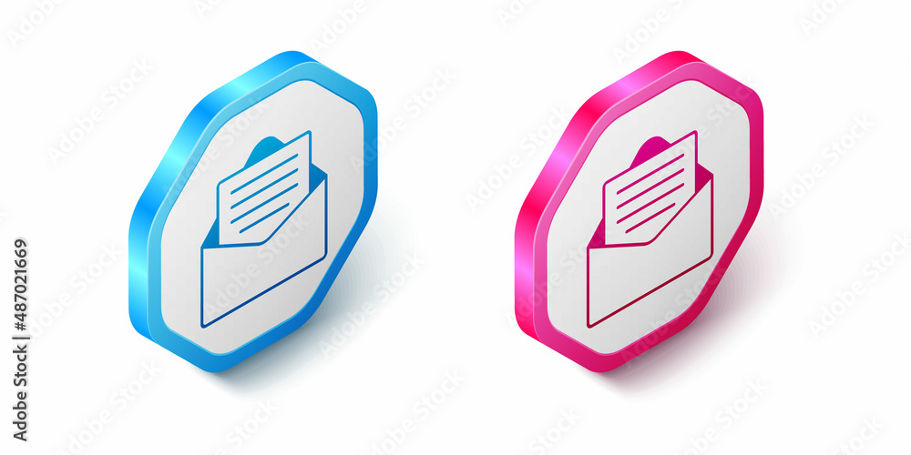 Isometric Envelope with christmas party invitation card icon isolated on white background. Merry Christmas and Happy New Year. Hexagon button. Vector Isometric Envelope with christmas party invitation card icon isolated on white background. Merry Christmas and Happy New Year. Hexagon button. Vector