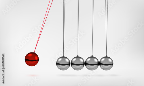 Newton's cradle pendulum with swinging spheres red metal ball 3d realistic vector illustration. Hanging balancing balls of newtons cradle science business gadget leadership or communication concept.