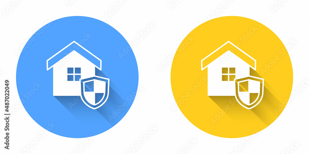 White House with shield icon isolated with long shadow background. Insurance concept. Security, safety, protection, protect concept. Circle button. Vector White House with shield icon isolated with long shadow background. Insurance concept. Security, safety, protection, protect concept. Circle button. Vector