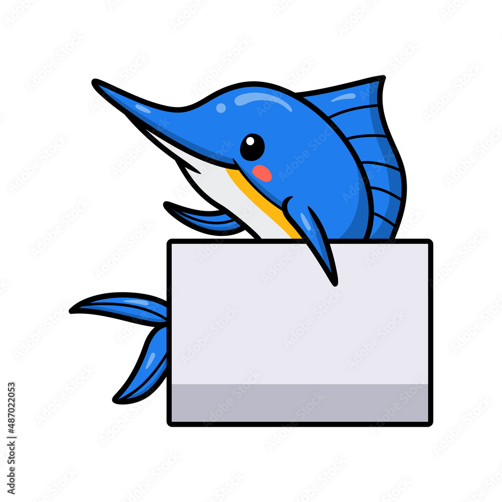 Fototapeta premium Cute little marlin cartoon with blank sign
