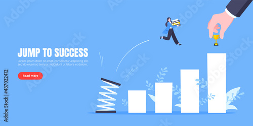 Business mentor helps to improve career with springboard vector illustration. Business person jumps above career ladder graph. Success growth, motivation opportunity, boost career concept.