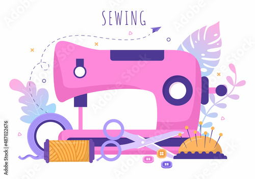 Tailor with Sewing, Cloth, Pincushion, Threads, Fashion Designer, Seamstress, Scissors and Measuring to Make Clothes in Flat Background Illustration © denayune
