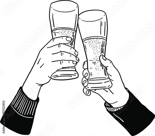 Hand with Beer Glasses Cheers Celebration event Hand drawn line art Illustration