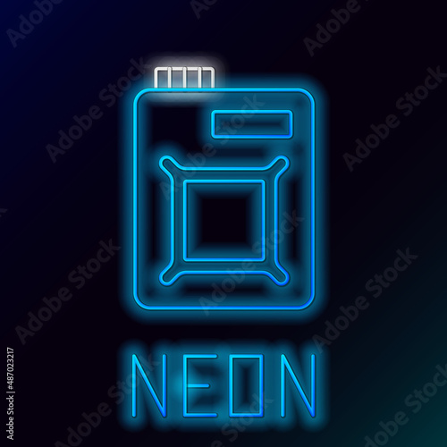 Glowing neon line Canister for motor machine oil icon isolated on black background. Oil gallon. Oil change service and repair. Engine oil sign. Colorful outline concept. Vector