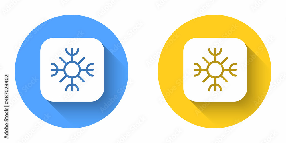 White Snowflake icon isolated with long shadow background. Circle button. Vector White Snowflake icon isolated with long shadow background. Circle button. Vector