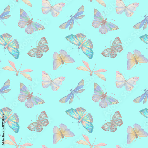 Digitally processed seamless botanical pattern. Raster texture of animalistic design. Delicate watercolor butterflies collected in a seamless pattern for design.