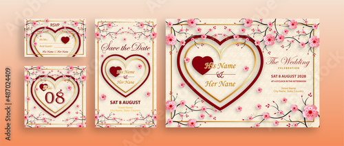 Chinese oriental wedding invitation card template with oriental elements on color background