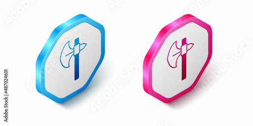 Isometric Medieval axe icon isolated on white background. Battle axe, executioner axe. Medieval weapon. Hexagon button. Vector