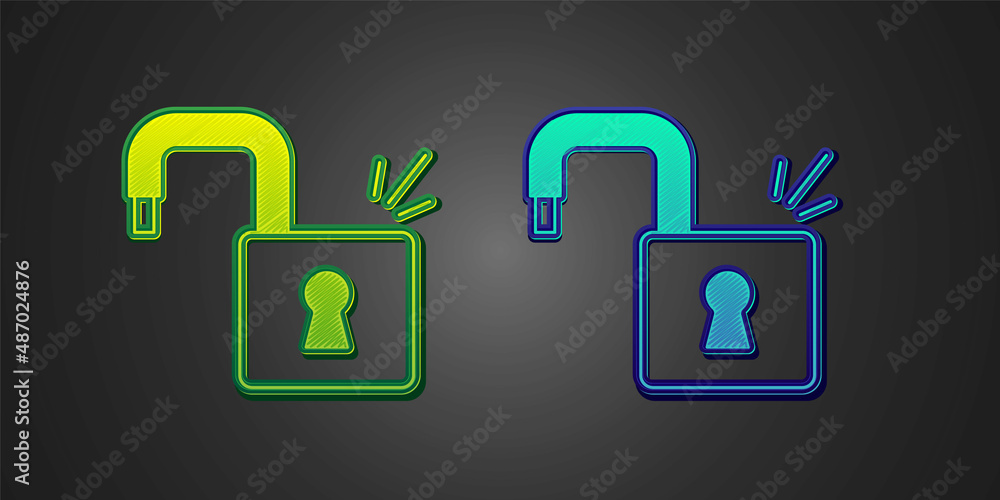 Green and blue Open padlock icon isolated on black background. Opened lock sign. Cyber security concept. Digital data protection. Vector Green and blue Open padlock icon isolated on black background. Opened lock sign. Cyber security concept. Digital data protection. Vector