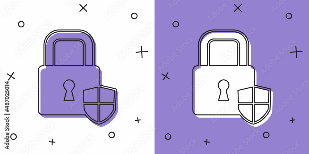 Set Shield security with lock icon isolated on white and purple background. Protection, safety, password security. Firewall access privacy sign. Vector Set Shield security with lock icon isolated on white and purple background. Protection, safety, password security. Firewall access privacy sign. Vector