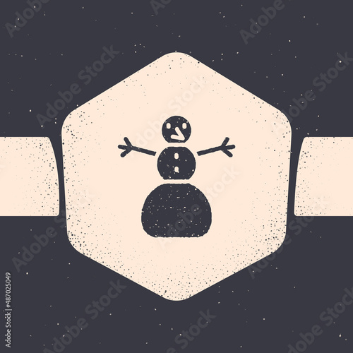 Grunge Christmas snowman icon isolated on grey background. Merry Christmas and Happy New Year. Monochrome vintage drawing. Vector