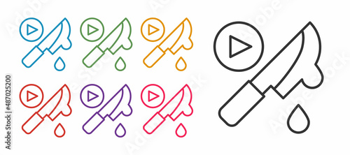 Set line Thriller movie icon isolated on white background. Bloody knife. Suspenseful cinema genre, survival horror. Shocking films with gore and violence. Set icons colorful. Vector