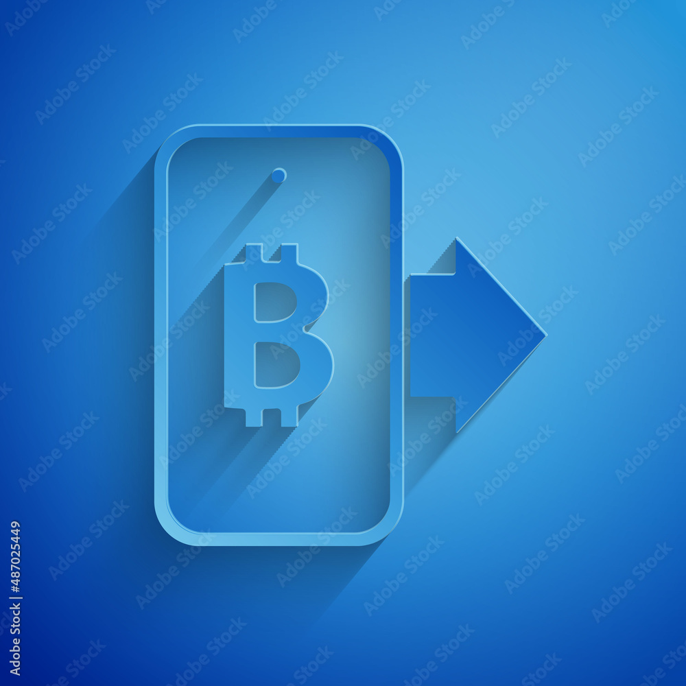 Paper cut Mining bitcoin from mobile icon isolated on blue background. Cryptocurrency mining, blockchain technology service. Paper art style. Vector Paper cut Mining bitcoin from mobile icon isolated on blue background. Cryptocurrency mining, blockchain technology service. Paper art style. Vector