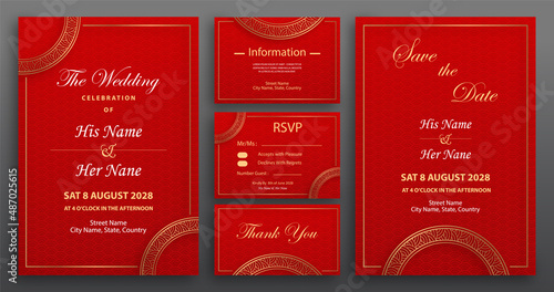 Chinese oriental wedding invitation card template with oriental elements on color background