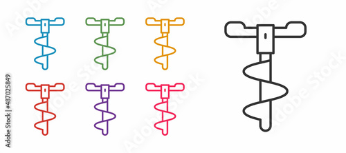 Set line Hand ice drill for winter fishing icon isolated on white background. Set icons colorful. Vector