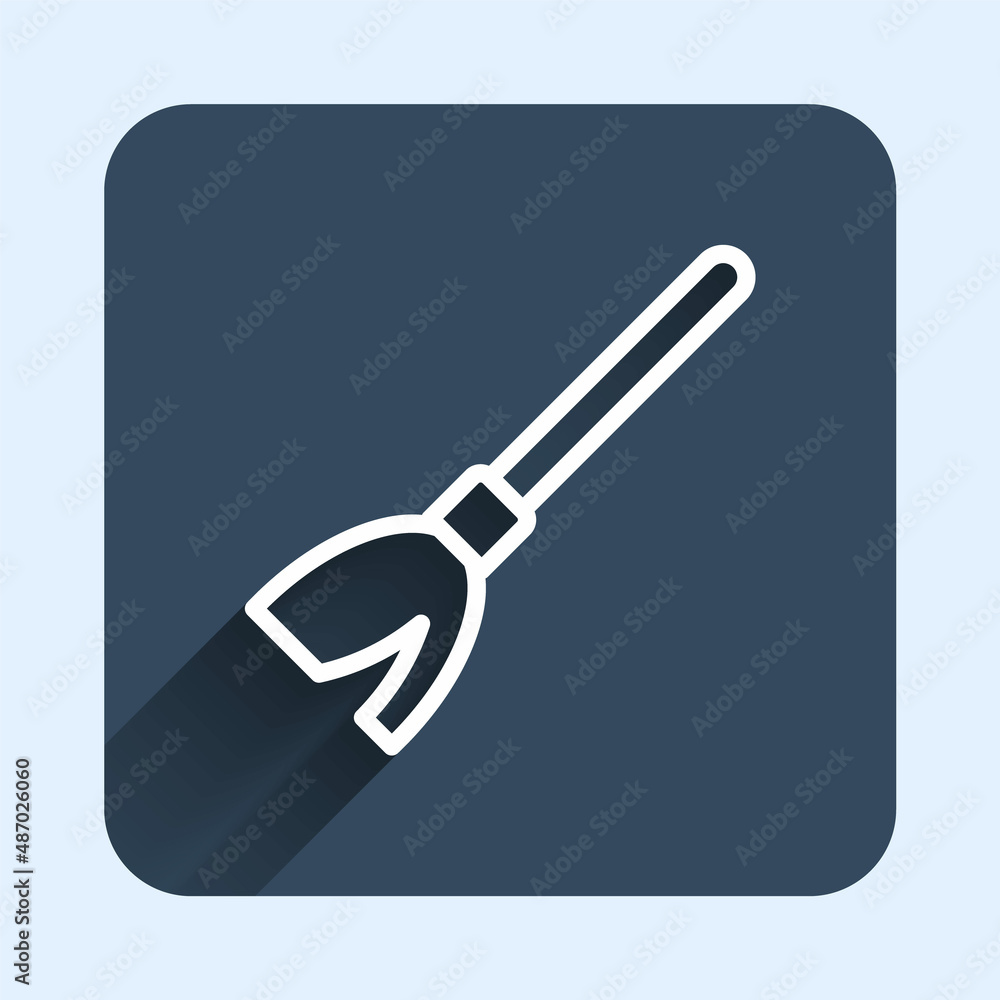 White line Handle broom icon isolated with long shadow background. Cleaning service concept. Blue square button. Vector White line Handle broom icon isolated with long shadow background. Cleaning service concept. Blue square button. Vector
