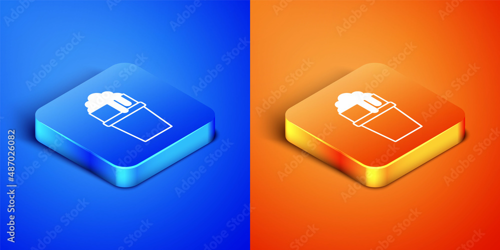 Isometric Glass of beer icon isolated on blue and orange background. Square button. Vector Isometric Glass of beer icon isolated on blue and orange background. Square button. Vector