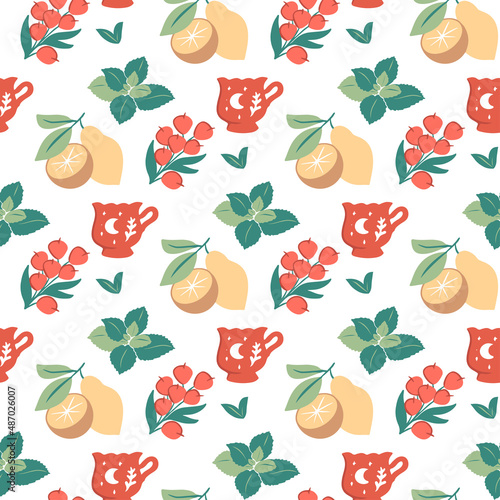 The tea seamless pattern is in a vector illustration. This lemon, mint, cup, sea buckthorn print