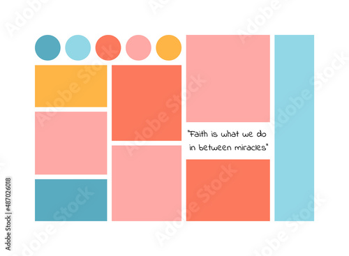 Moodboard template. Photo collage grid. Mood board design. Photography album layout. Set mosaic frames with colour palette, quote and circles. Horizontal color mockup. Vector simple illustration