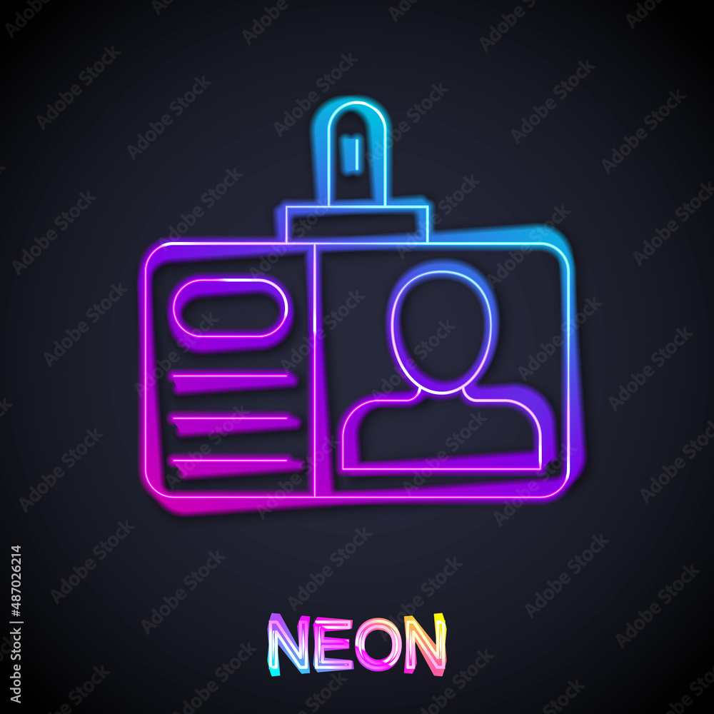 Glowing neon line Identification badge icon isolated on black background. It can be used for presentation, identity of the company, advertising. Vector Glowing neon line Identification badge icon isolated on black background. It can be used for presentation, identity of the company, advertising. Vector