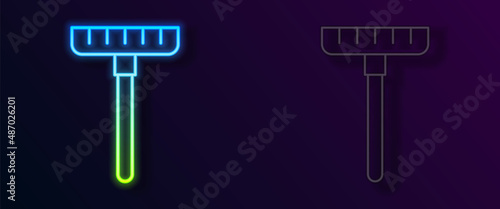 Glowing neon line Garden rake icon isolated on black background. Tool for horticulture, agriculture, farming. Ground cultivator. Housekeeping equipment. Vector