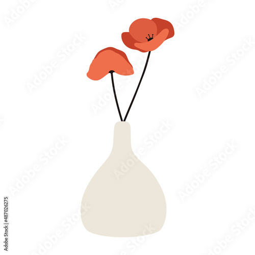 Poppies in vase. Potted flowers. Cottage core. Home decorations and interior design elements. Flat. Scandinavian style