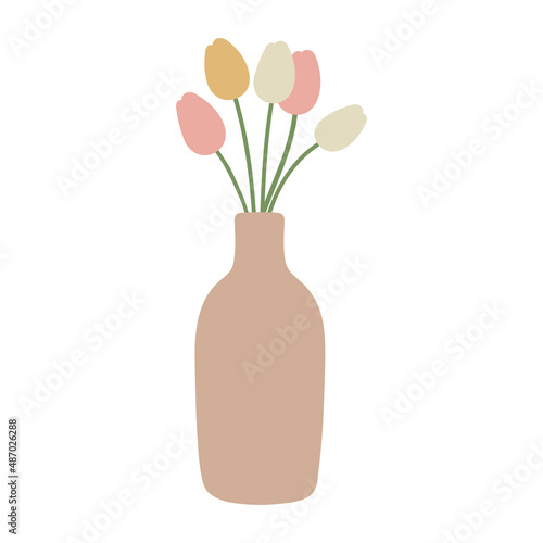 Tulips in vase. Potted flowers. Cottage core. Home decorations and interior design elements. Flat. Scandinavian style