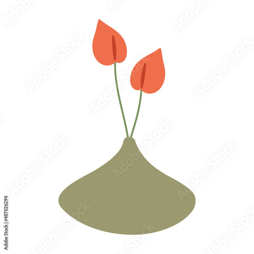 Flowers in vase. Potted flowers. Cottage core. Home decorations and interior design elements. Flat. Scandinavian style