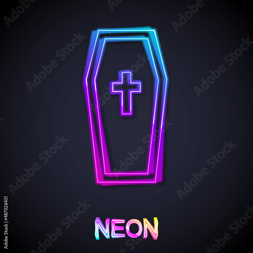 Glowing neon line Coffin with christian cross icon isolated on black background. Happy Halloween party. Vector